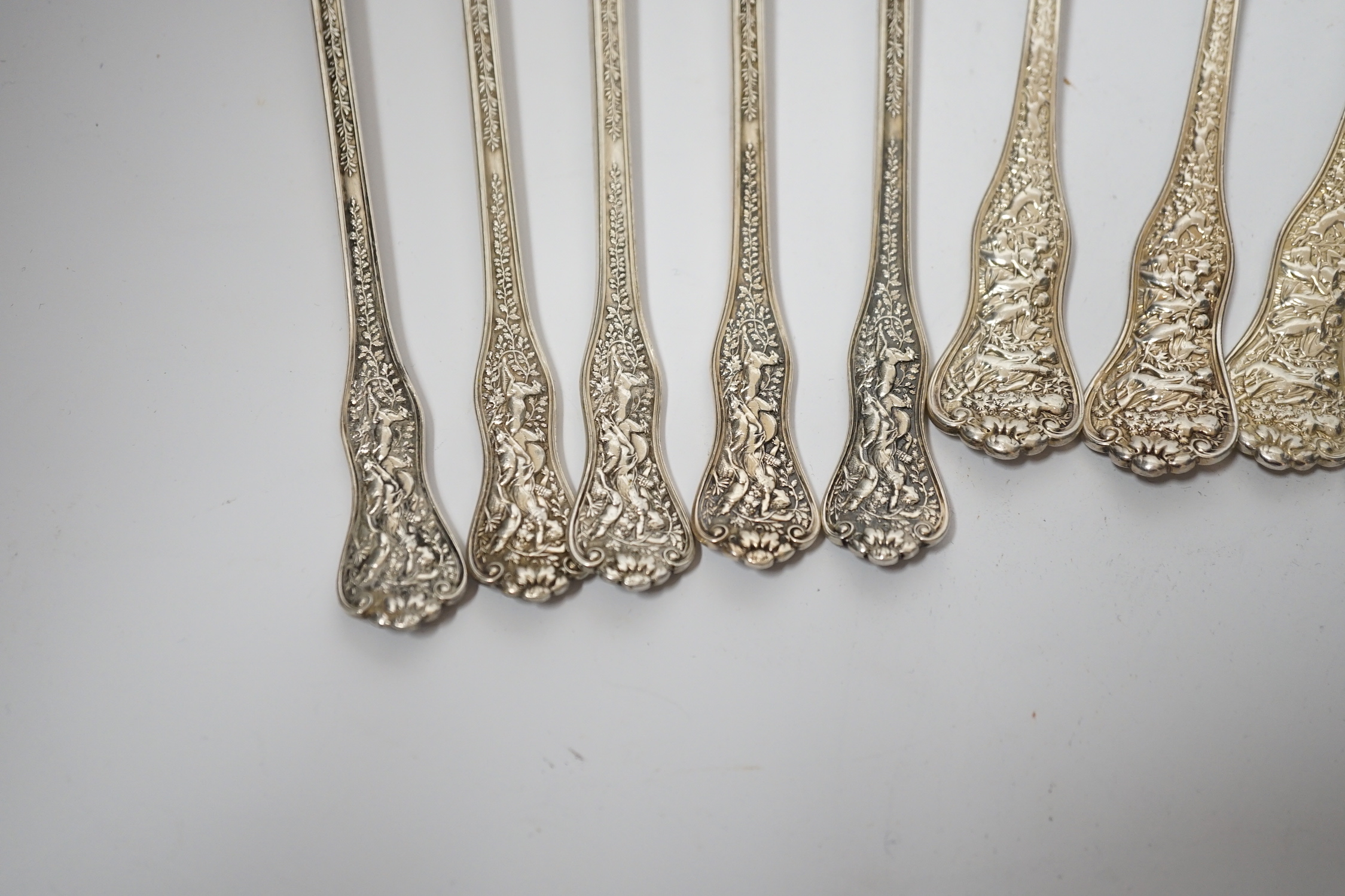 A set of six late 19th/early 20th century Tiffany & Co sterling teaspoons and five similar ice cream spoons, latter 18.7cm, 15.8oz.